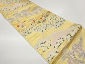 流水に鴛鴦・藤・小花模様織出し袋帯